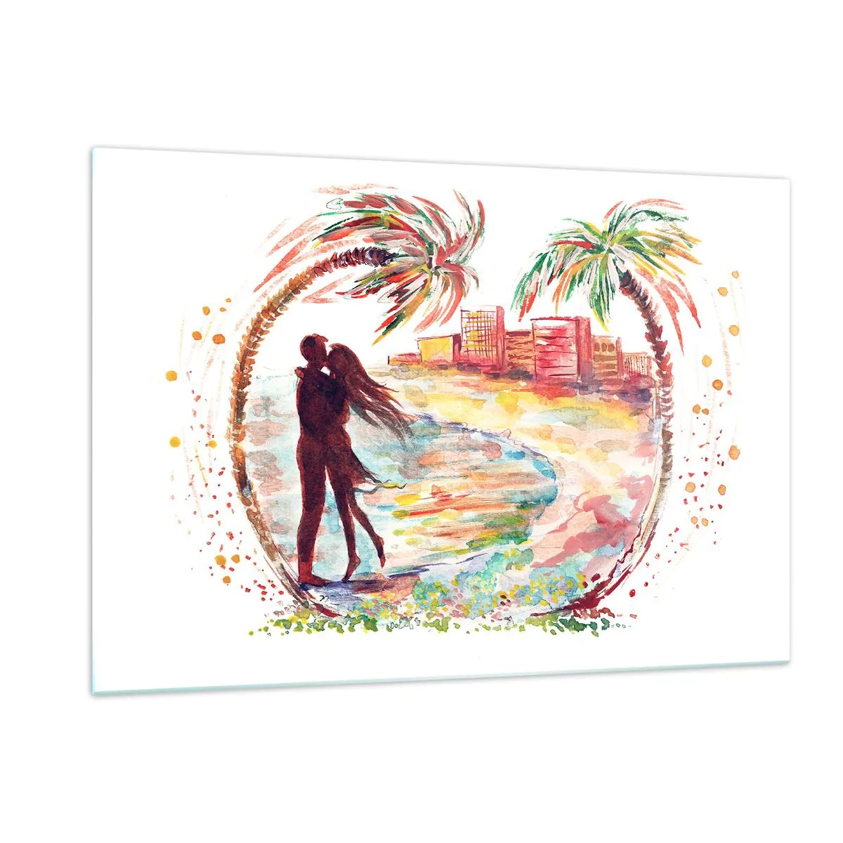 Impression sur verre - Image sur verre - Couple romantique dans un cadre tropical avec des palmiers - 120x80cm - Vacances romantiques - Décoration murale moderne pour le salon et la chambre ARTTOR