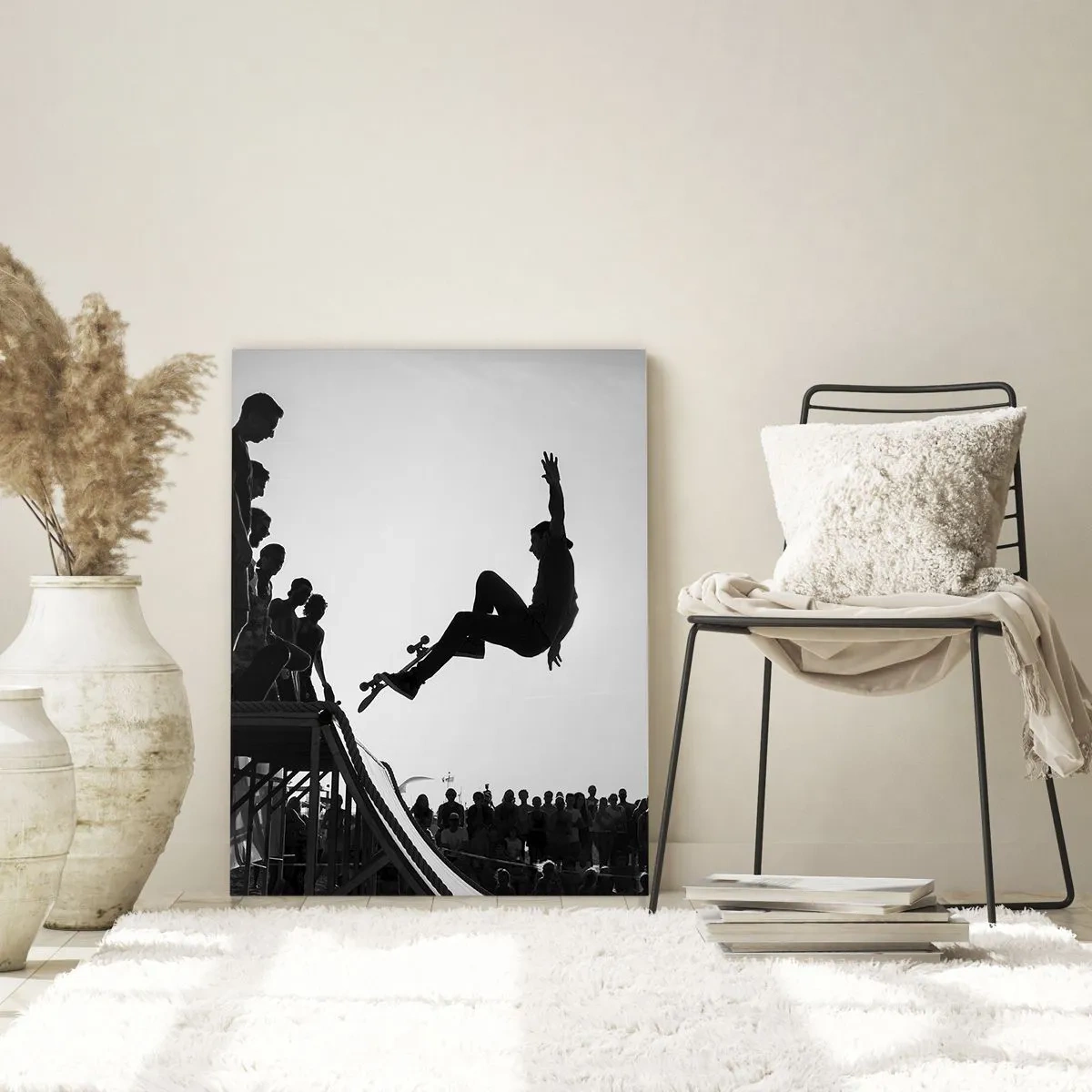 Impression sur verre - Image sur verre - Scène de skateboard en noir et blanc sur une rampe - 80x120cm - Héros et spectateurs - Décoration murale moderne pour le salon et la chambre ARTTOR