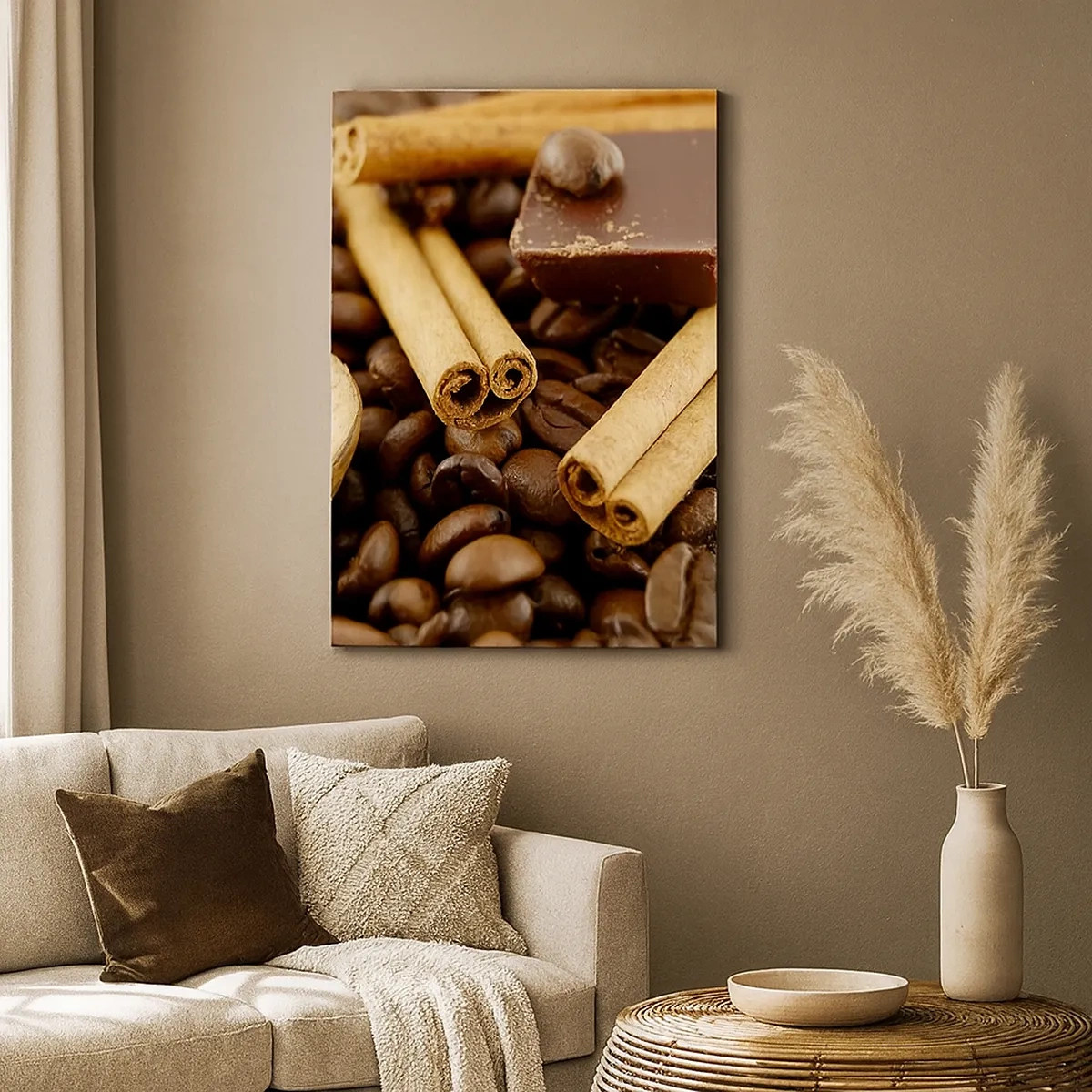 Impression sur toile - Image sur toile - Grains de café avec bâtons de cannelle, chocolat et noix. - 50x70cm - Concert d'aromates - Décoration murale moderne pour le salon et la chambre ARTTOR