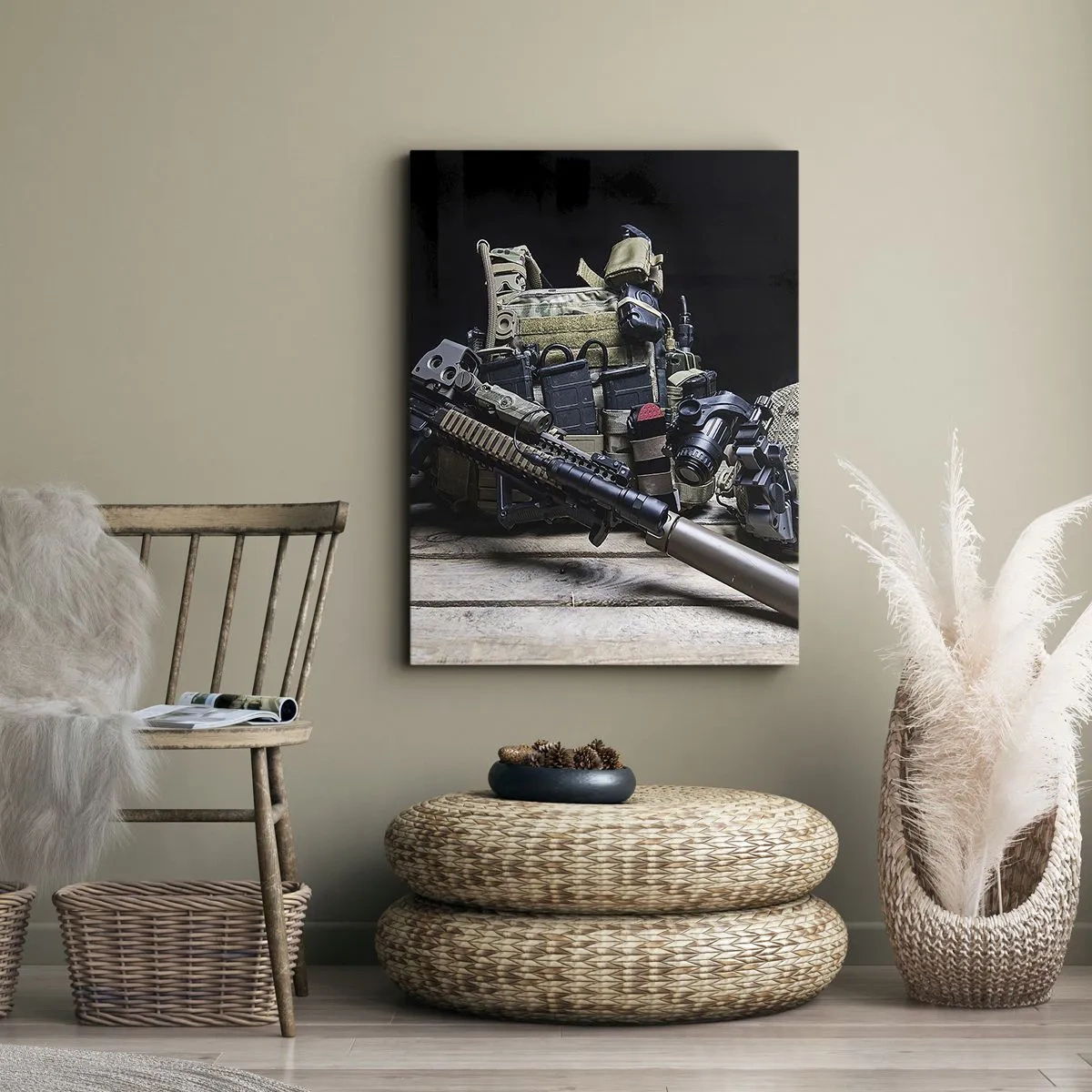 Impression sur toile - Image sur toile - Équipement tactique avec un fusil sur une table en bois - 70x100cm - Se reposer! - Décoration murale moderne pour le salon et la chambre ARTTOR