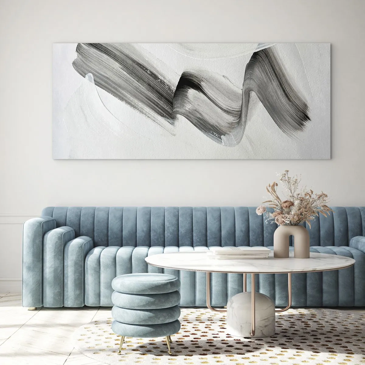 Impression sur verre - Image sur verre - Coup de pinceau abstrait noir et blanc sur fond clair - 160x50cm - Mine de rien pour s'amuser - Décoration murale moderne pour le salon et la chambre ARTTOR