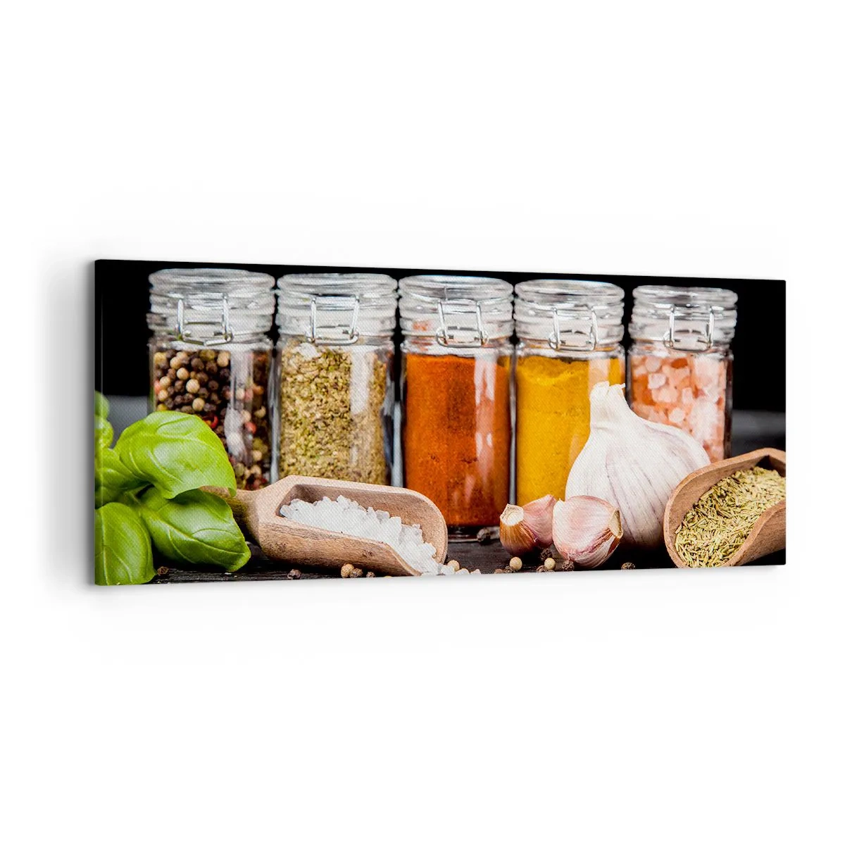 Impression sur toile - Image sur toile - Herbes et épices dans des bocaux en verre sur fond sombre - 120x50cm - Pour que la vie ait du goût - Décoration murale moderne pour le salon et la chambre ARTTOR