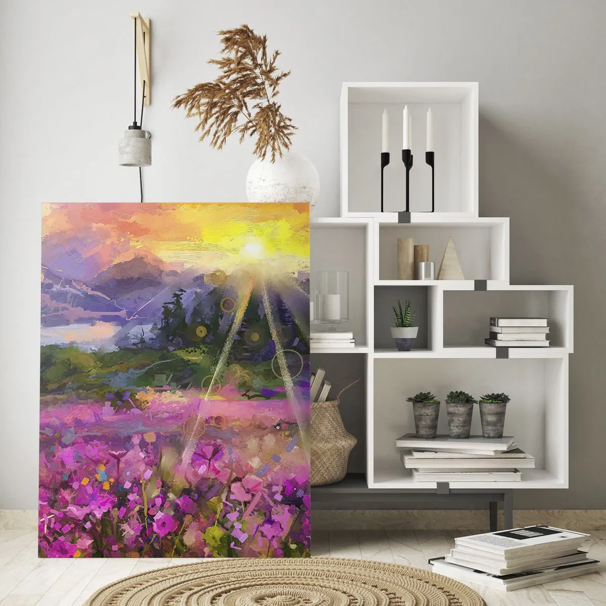Impression sur verre - Image sur verre - Une prairie pittoresque sous les rayons du soleil couchant - 70x100cm - Dans la vallée à l'abri du soleil - Décoration murale moderne pour le salon et la chambre ARTTOR