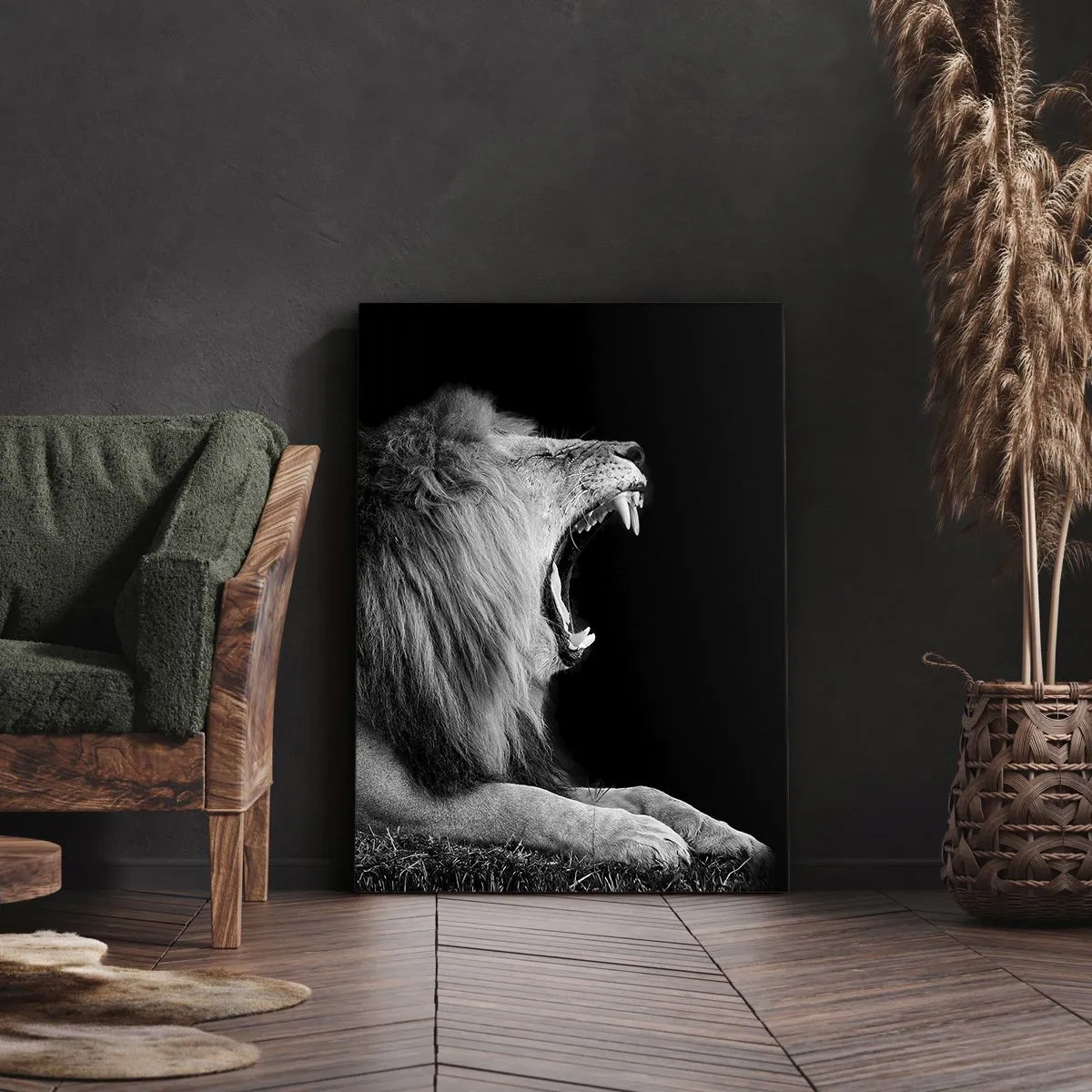 Impression sur toile - Image sur toile - Un lion rugissant sur fond noir dans des tons noir et blanc - 70x100cm - Sans aucun doute - Décoration murale moderne pour le salon et la chambre ARTTOR
