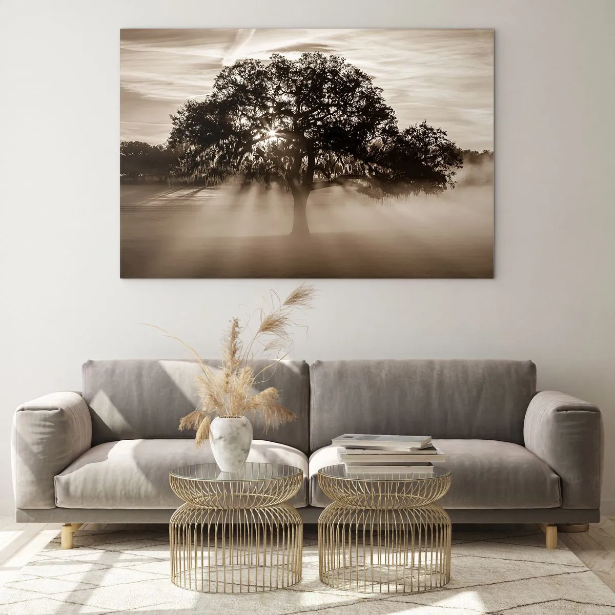 Impression sur verre - Image sur verre - Un arbre dans le brouillard matinal avec les rayons du soleil qui brillent à travers les branches - 120x80cm - Arbre de bonnes nouvelles - Décoration murale moderne pour le salon et la chambre ARTTOR