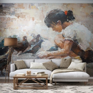 Papier Peint Photo Premium Canvas - Une fille nourrissant des oiseaux dans un style pictural - 100x70cm - Les plus petits et les plus gentils - Décoration murale moderne pour le salon et la chambre ARTTOR