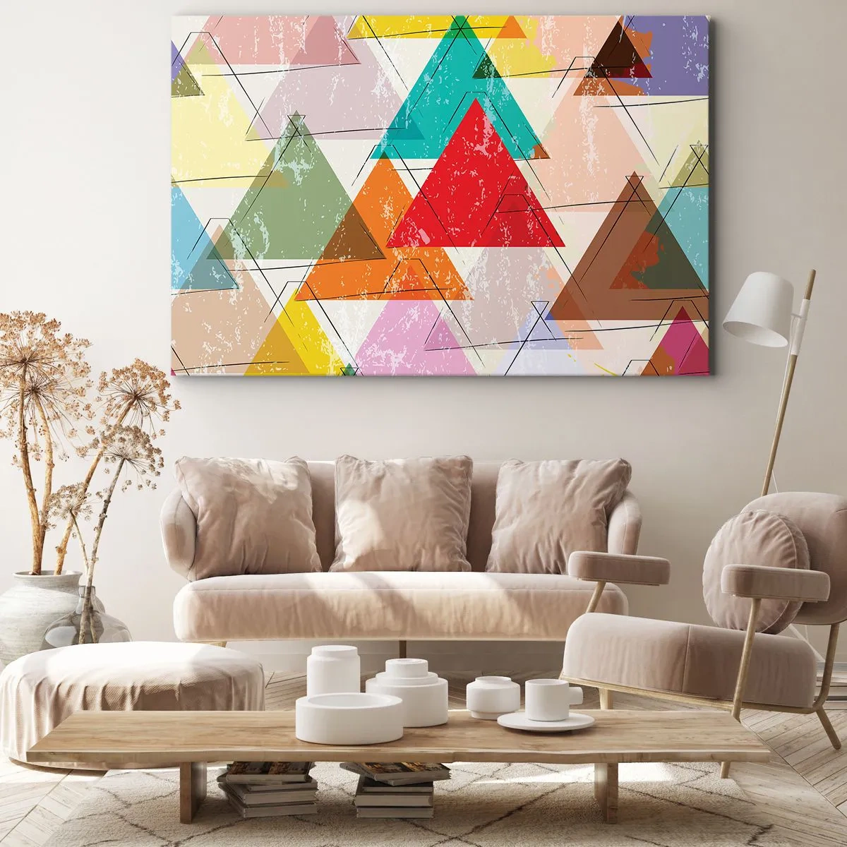 Impression sur toile - Image sur toile - Abstraction colorée avec des triangles géométriques - 100x70cm - Trois par trois - Décoration murale moderne pour le salon et la chambre ARTTOR