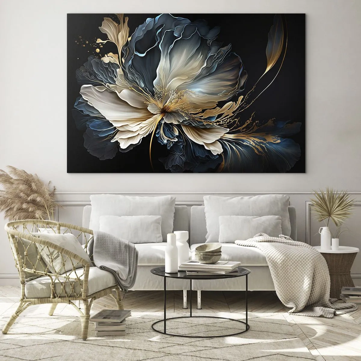 Impression sur verre - Image sur verre - Une fleur fantaisie dans des tons d'or, bleu marine et beige sur noir - 100x70cm - Fleur de fougère de conte de fées - Décoration murale moderne pour le salon et la chambre ARTTOR
