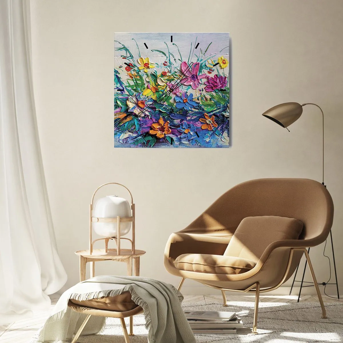 Horloge murale - Pendule murale - Un bouquet de fleurs coloré peint selon la technique de l'empâtement - 30x30cm - Absolument pas une nature morte - Décoration murale moderne pour le salon et la chambre ARTTOR