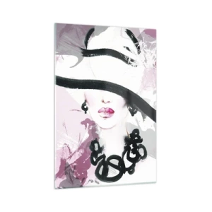 Impression sur verre - Image sur verre - Une femme élégante avec un chapeau sur un fond d'abstractions roses. - 70x100cm - Portrait d'une dame en noir et rose - Décoration murale moderne pour le salon et la chambre ARTTOR