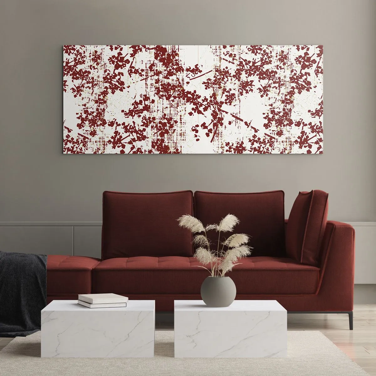 Impression sur verre - Image sur verre - Fleurs rouges sur fond blanc dans un style artistique - 140x50cm - Comme un calicot ancien - Décoration murale moderne pour le salon et la chambre ARTTOR