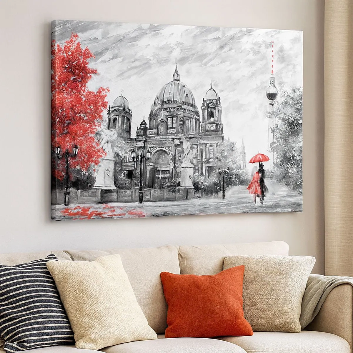 Impression sur toile - Image sur toile - Scène en noir et blanc avec Berlin, un parapluie rouge et un arbre - 70x50cm - Rencontre berlinoise - Décoration murale moderne pour le salon et la chambre ARTTOR