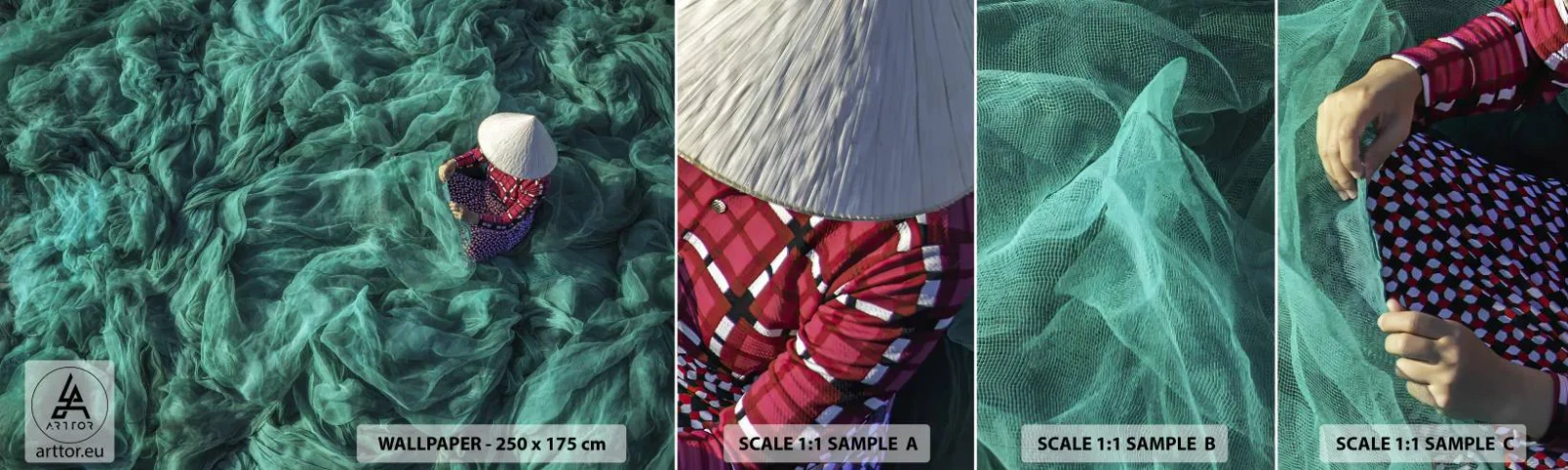 Échantillon de Papier Peint Autocollant Deluxe Sticker - Dans une mer de filet - Filet de pêche, Femme, Viêt Nam - 100x30 cm