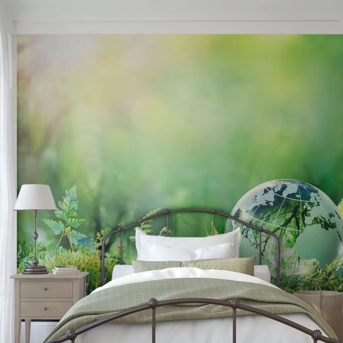 Papier Peint Photo Premium Sand - Le globe terrestre en verre dans un paysage verdoyant - 100x70cm - La planette verte - Décoration murale moderne pour le salon et la chambre ARTTOR