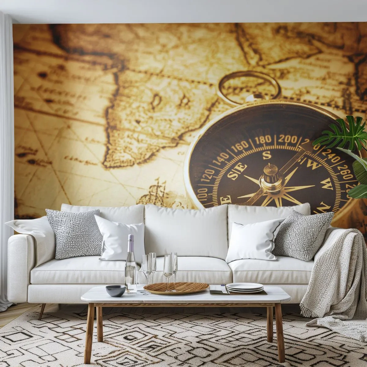 Papier Peint Photo Premium Sand - Une boussole sur un vieux fond de carte sépia - 100x70cm - Est ou ouest? - Décoration murale moderne pour le salon et la chambre ARTTOR