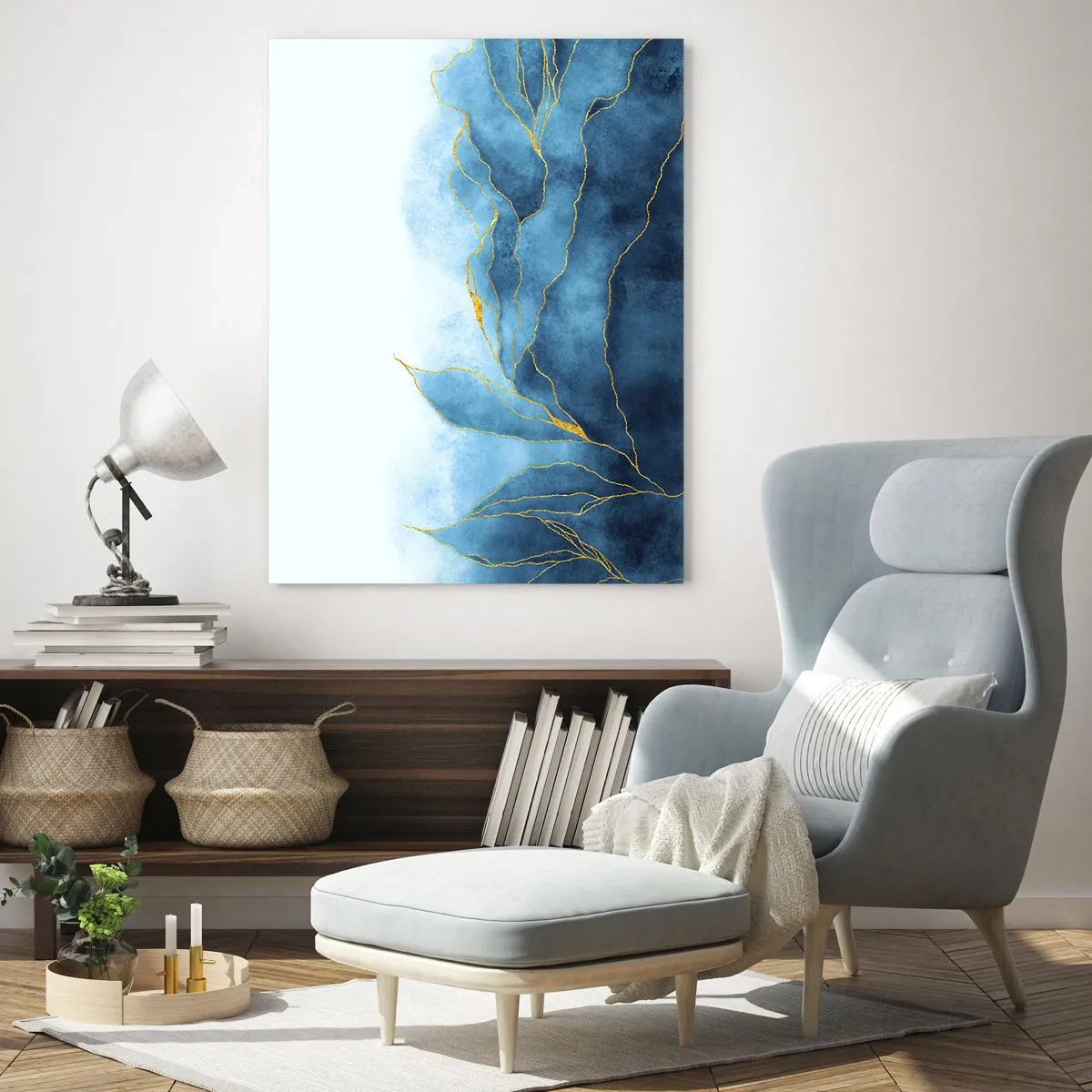 Impression sur verre - Image sur verre - Vagues abstraites dans des tons de bleu avec des accents dorés - 80x120cm - Bleu doré - Décoration murale moderne pour le salon et la chambre ARTTOR