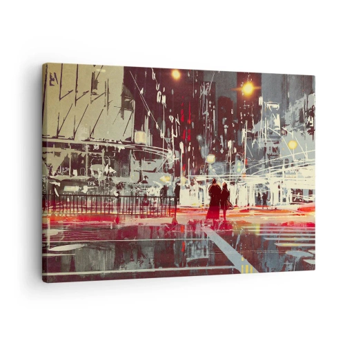 Impression sur toile - Image sur toile - Ville la nuit avec des néons et des silhouettes de personnes dans la rue - 70x50cm - Une grande traversée de ville - Décoration murale moderne pour le salon et la chambre ARTTOR