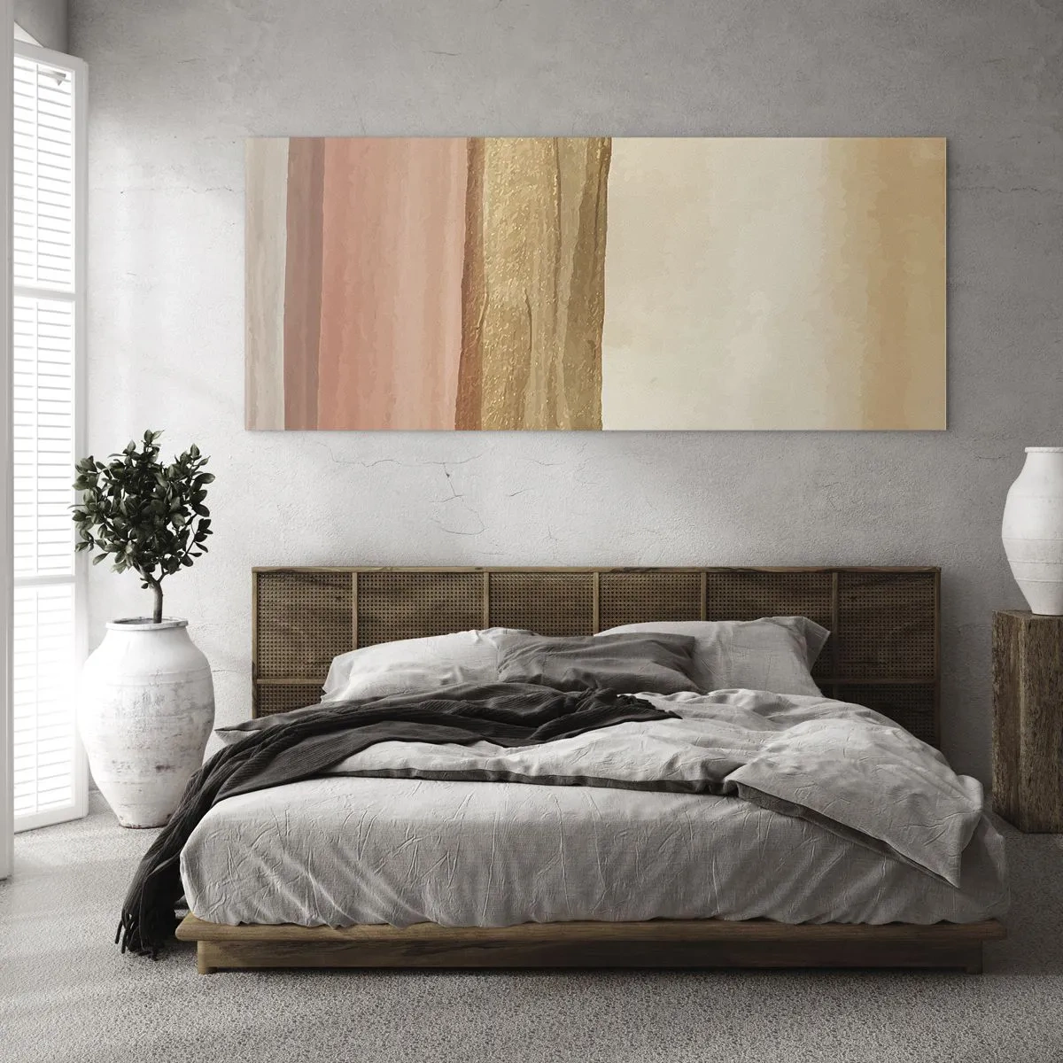 Impression sur verre - Image sur verre - Rayures abstraites dans les tons beige, or et rose sur toile - 140x50cm - Composition verticale - Décoration murale moderne pour le salon et la chambre ARTTOR