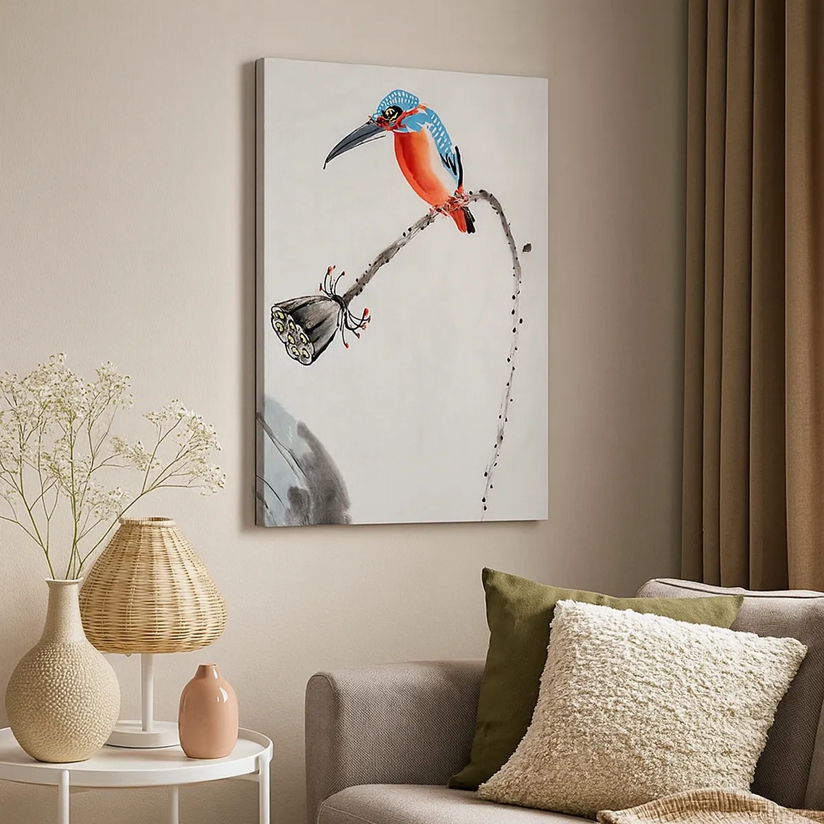 Impression sur toile - Image sur toile - Un oiseau coloré sur fond de végétation et une libellule - 50x70cm - La vie du champ - Décoration murale moderne pour le salon et la chambre ARTTOR
