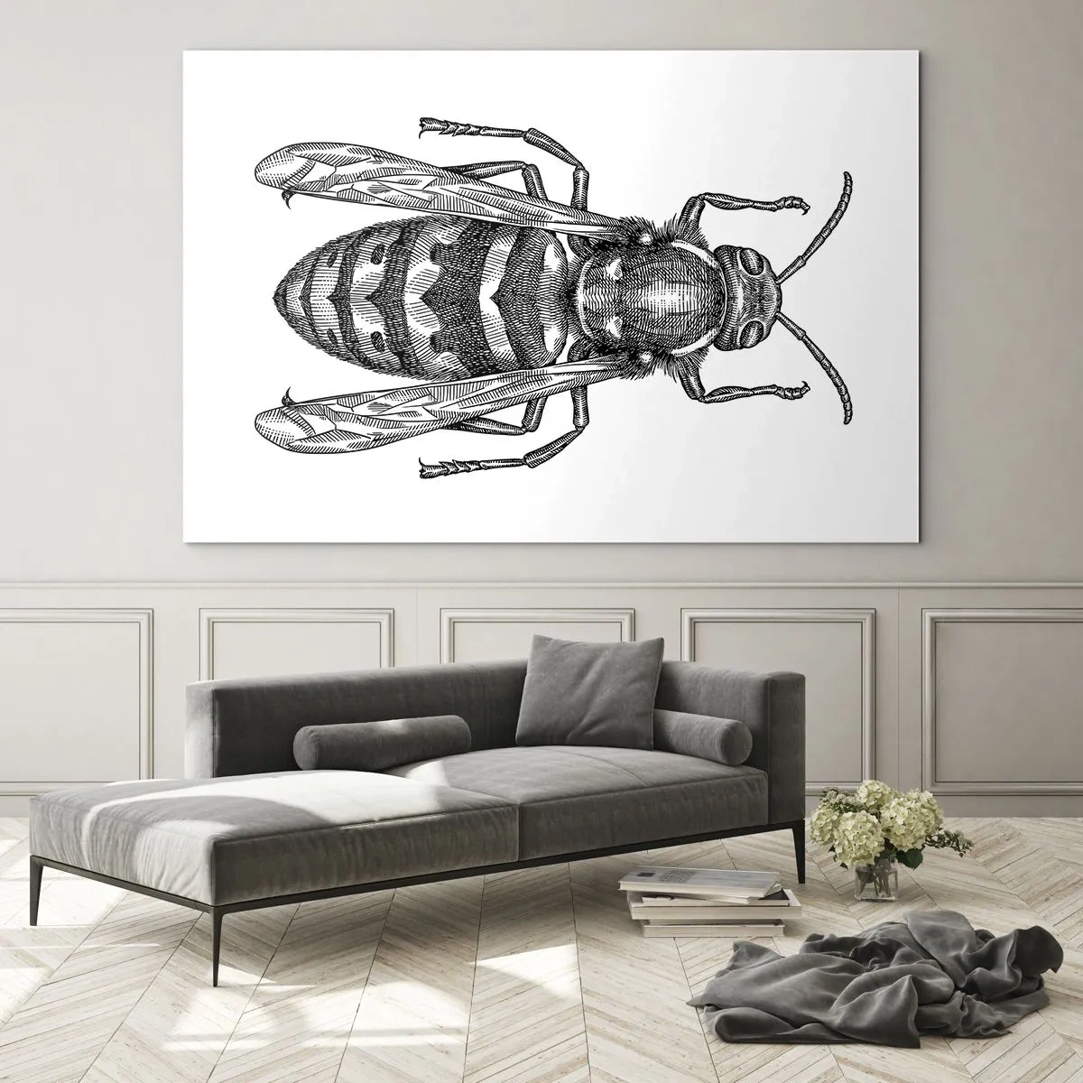 Impression sur verre - Image sur verre - Illustration rétro en noir et blanc d'une guêpe sur fond blanc - 70x50cm - D'une planète d'insectes - Décoration murale moderne pour le salon et la chambre ARTTOR