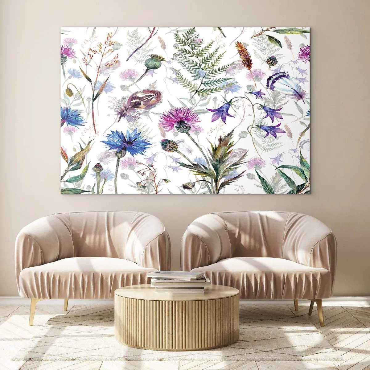 Impression sur verre - Image sur verre - Dessins de fleurs sauvages et de feuilles sur fond clair - 100x70cm - Herbier polonais - Décoration murale moderne pour le salon et la chambre ARTTOR