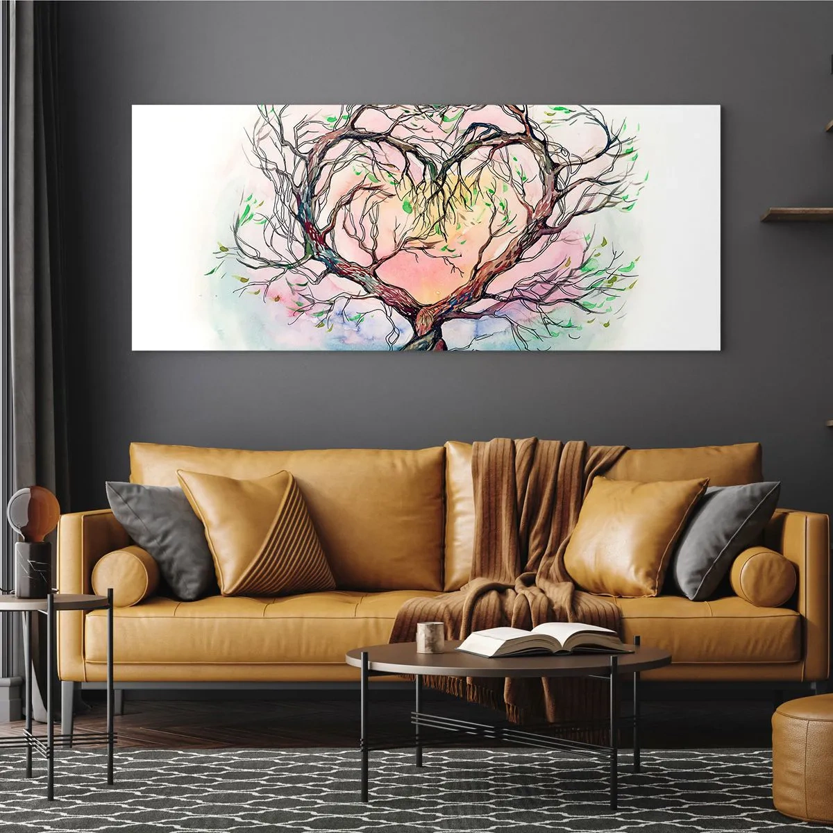 Impression sur verre - Image sur verre - Un arbre en forme de cœur sur un fond de couleurs pastel délicates - 160x50cm - Ensemble contre les tempêtes - Décoration murale moderne pour le salon et la chambre ARTTOR