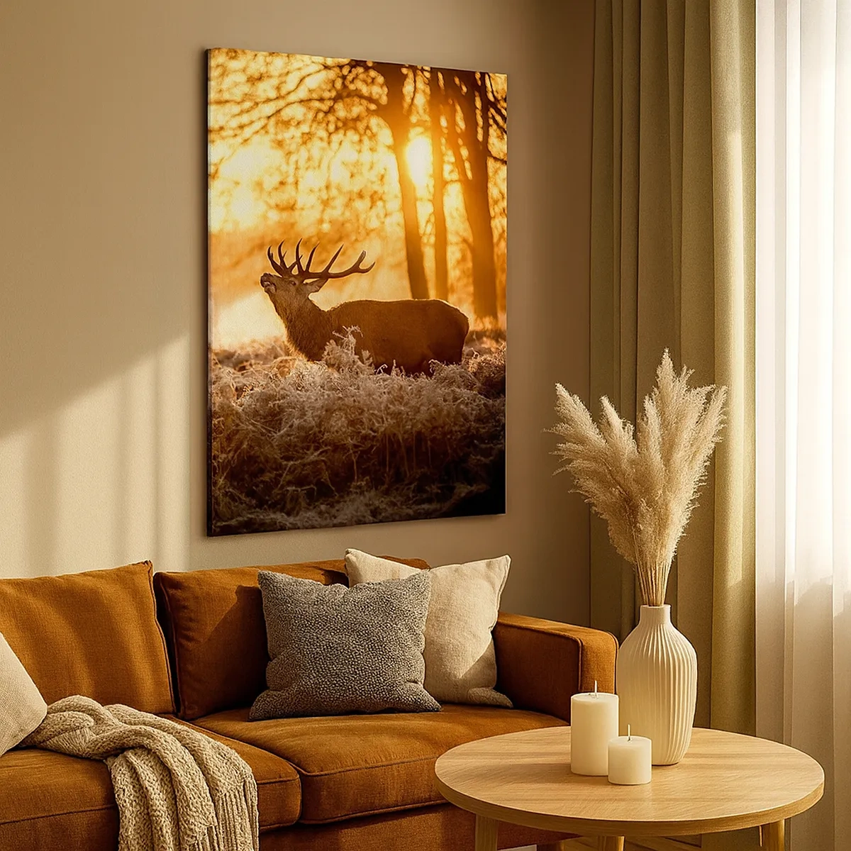 Impression sur toile - Image sur toile - Deux cerfs au coucher du soleil dans un paysage hivernal - 50x70cm - Le rêve d'un chasseur - Décoration murale moderne pour le salon et la chambre ARTTOR