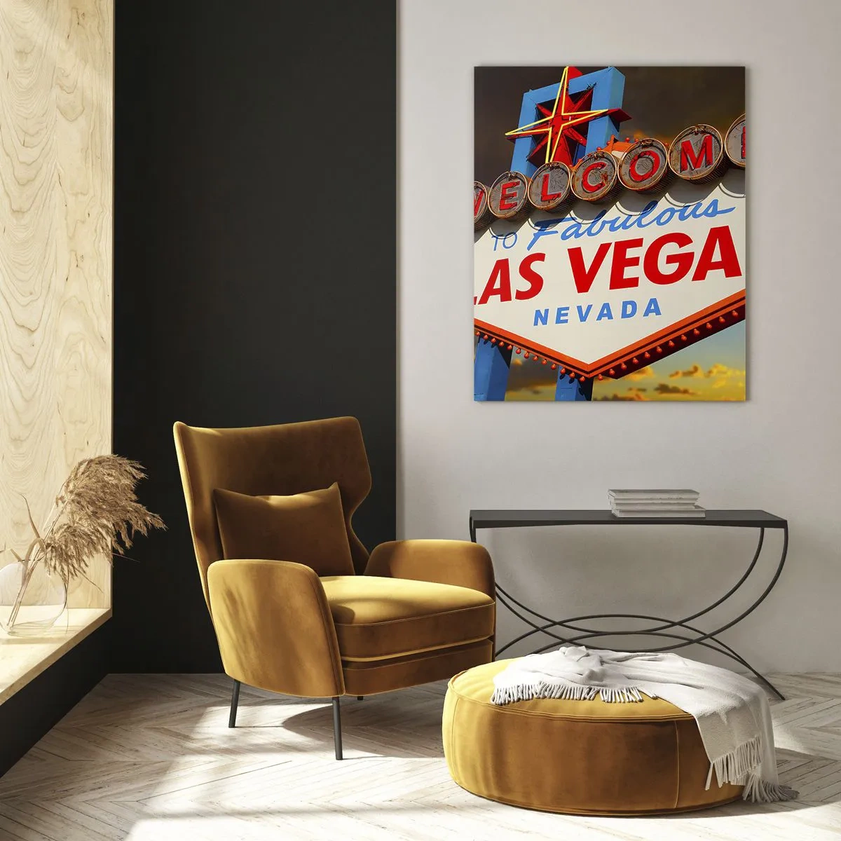 Impression sur verre - Image sur verre - Le célèbre panneau Welcome to Fabulous Las Vegas au coucher du soleil - 80x120cm - Après un sourire du destin - Décoration murale moderne pour le salon et la chambre ARTTOR
