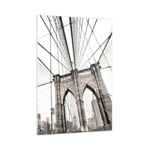 Impression sur verre - Image sur verre - Un pont suspendu avec un panorama de la ville en arrière-plan en sépia - 50x70cm - Cathédrale New Yorkaise - Décoration murale moderne pour le salon et la chambre ARTTOR