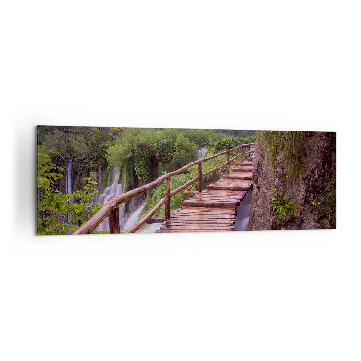 Impression sur toile - Image sur toile - Un pont surplombant les cascades au coucher du soleil - 160x50cm - La beauté au-delà de la croyance - Décoration murale moderne pour le salon et la chambre ARTTOR