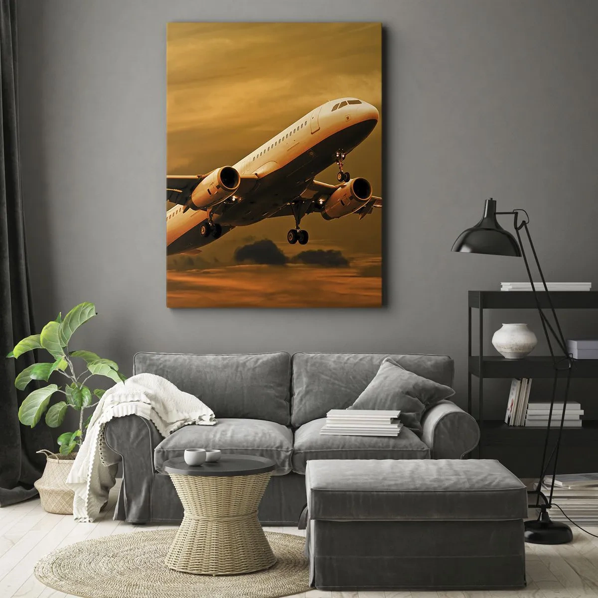 Impression sur toile - Image sur toile - Un avion de ligne décollant sous un ciel de coucher de soleil doré. - 50x70cm - Vol vers le soleil - Décoration murale moderne pour le salon et la chambre ARTTOR