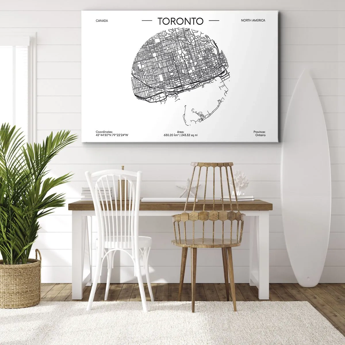 Impression sur toile - Image sur toile - Une carte de Toronto dans un style minimaliste en noir et blanc - 100x70cm - Anatomie de Toronto - Décoration murale moderne pour le salon et la chambre ARTTOR