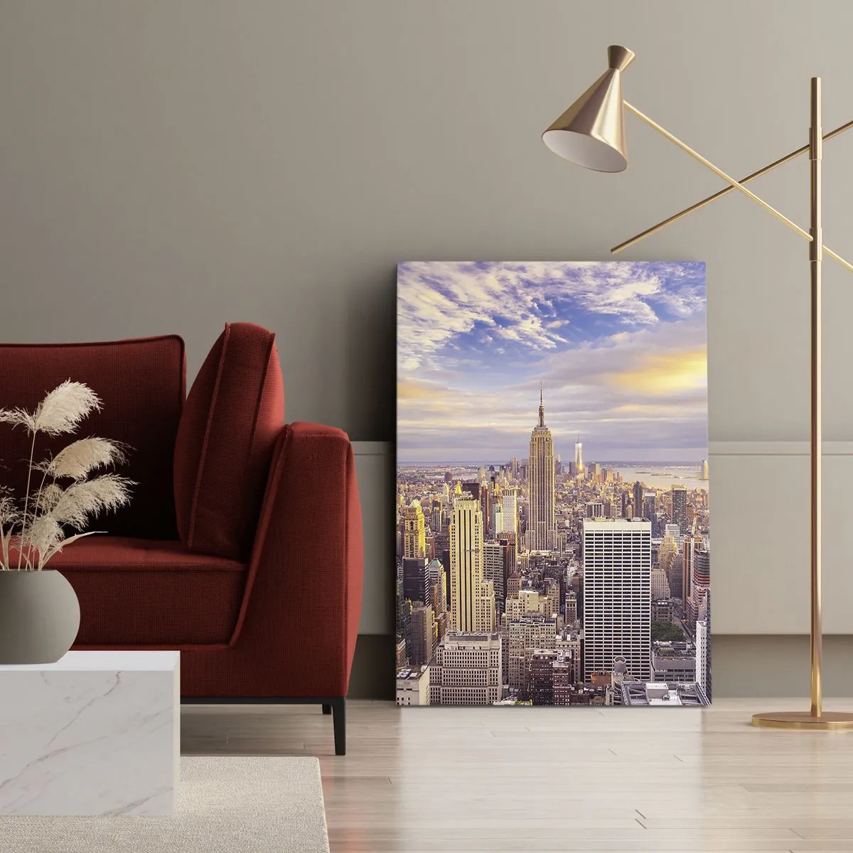 Impression sur toile - Image sur toile - Panorama d'une ville moderne avec des gratte-ciel au coucher du soleil - 70x100cm - Atteindre les nuages