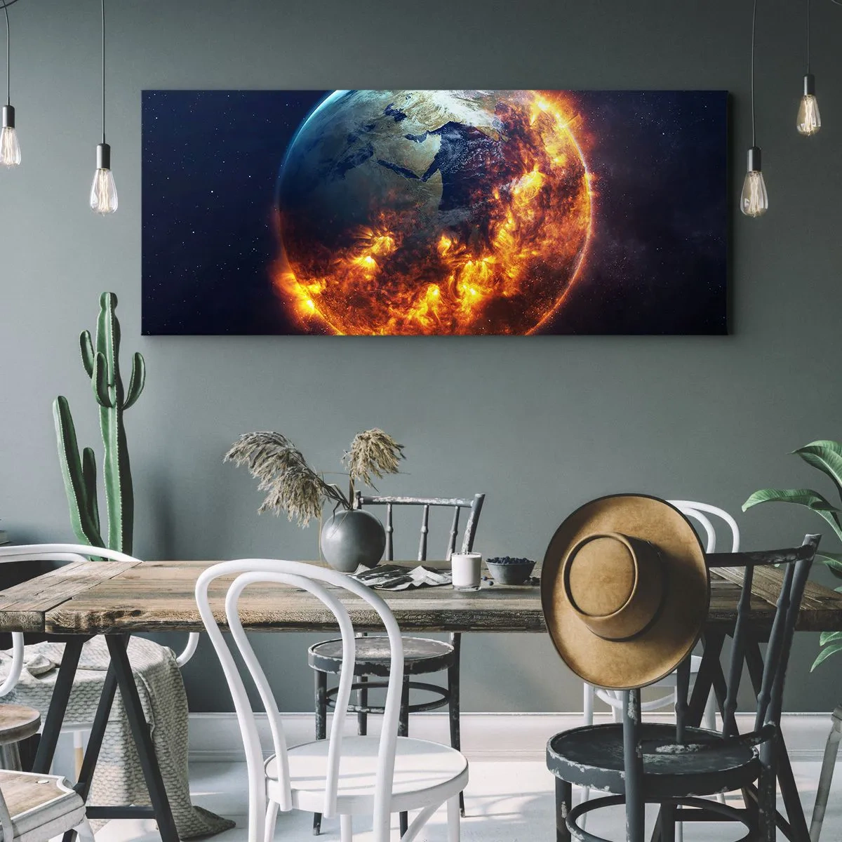 Impression sur toile - Image sur toile - La planète Terre en feu dans l'espace - 120x50cm - La flamme de l'apocalypse - Décoration murale moderne pour le salon et la chambre ARTTOR