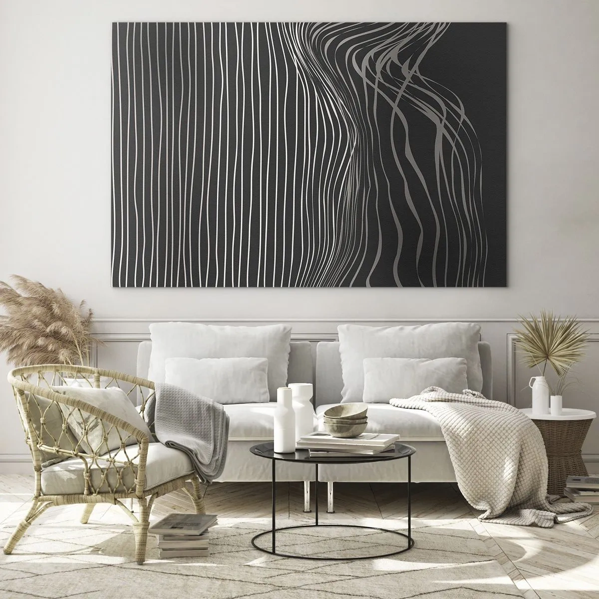 Impression sur verre - Image sur verre - Lignes délicates dans un arrangement abstrait sur un fond sombre - 70x50cm - Rythme et accent - Décoration murale moderne pour le salon et la chambre ARTTOR