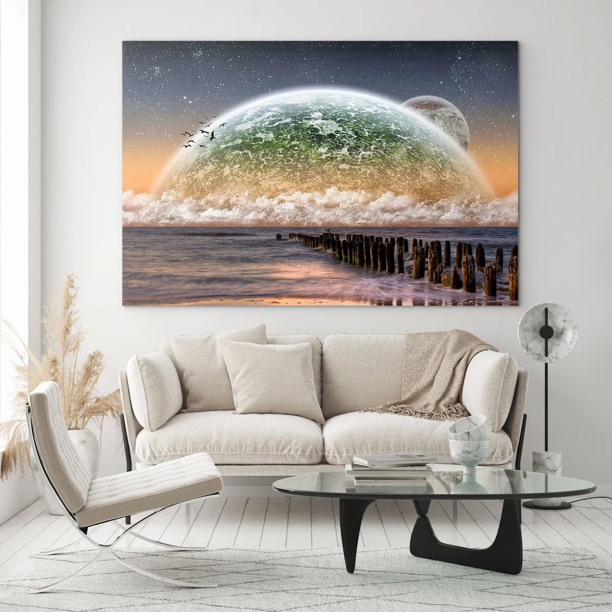 Impression sur verre - Image sur verre - Coucher de soleil sur la planète et l'océan - 120x80cm - Et le monde est sorti de l'eau - Décoration murale moderne pour le salon et la chambre ARTTOR