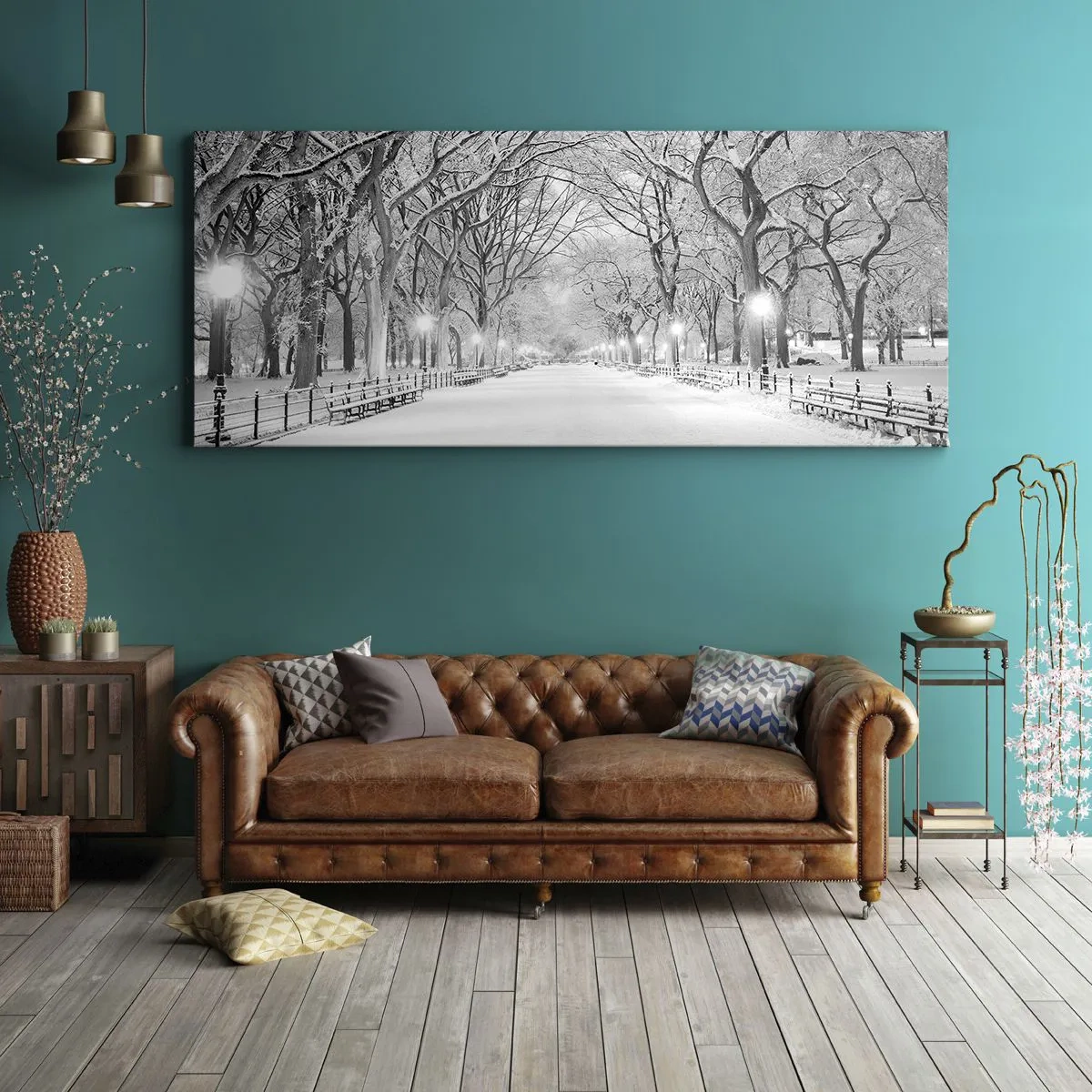 Impression sur toile - Image sur toile - Une allée d'hiver avec des arbres enneigés en monochrome - 140x50cm - Les quatres saisons – l’hiver - Décoration murale moderne pour le salon et la chambre ARTTOR
