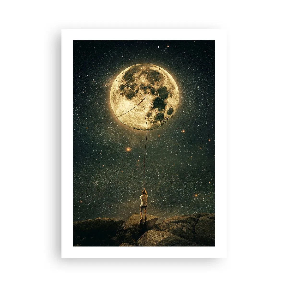 Affiche - Poster - Une figure tenant la lune sur une corde dans un paysage étoilé. - 50x70cm - Celui qui a volé la lune - Décoration murale moderne pour le salon et la chambre ARTTOR