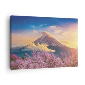 Impression sur toile - Image sur toile - Mont Fuji avec des cerisiers en fleurs en arrière-plan au coucher du soleil - 70x50cm - Sainteté japonaise - Décoration murale moderne pour le salon et la chambre ARTTOR