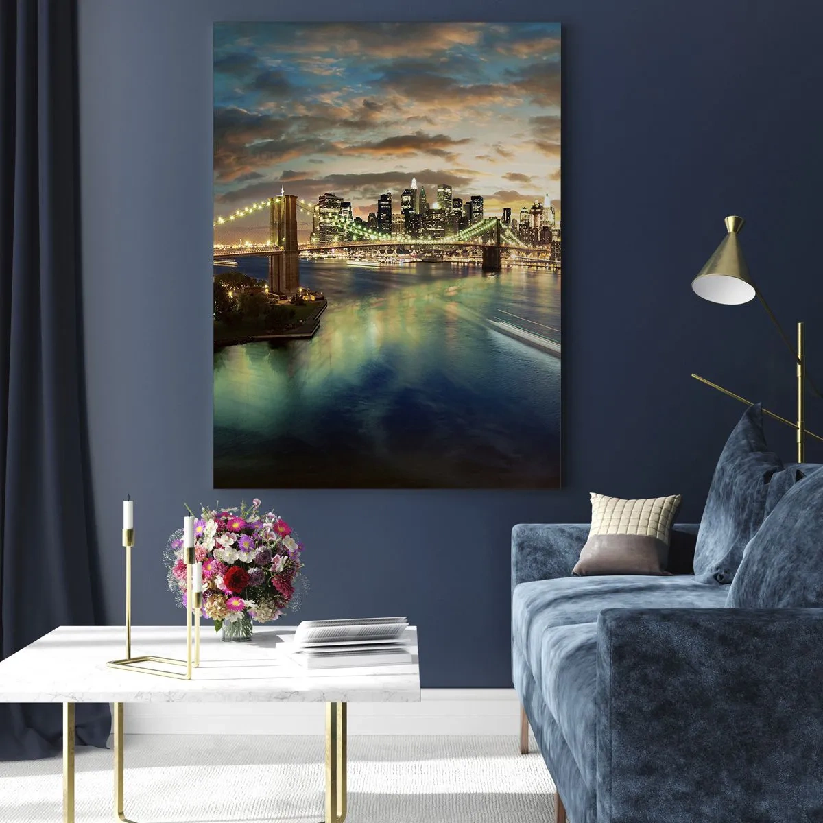 Impression sur verre - Image sur verre - Vue du pont et de la ville au coucher du soleil - 50x70cm - Une soirée lumineuse sur Manhattan - Décoration murale moderne pour le salon et la chambre ARTTOR