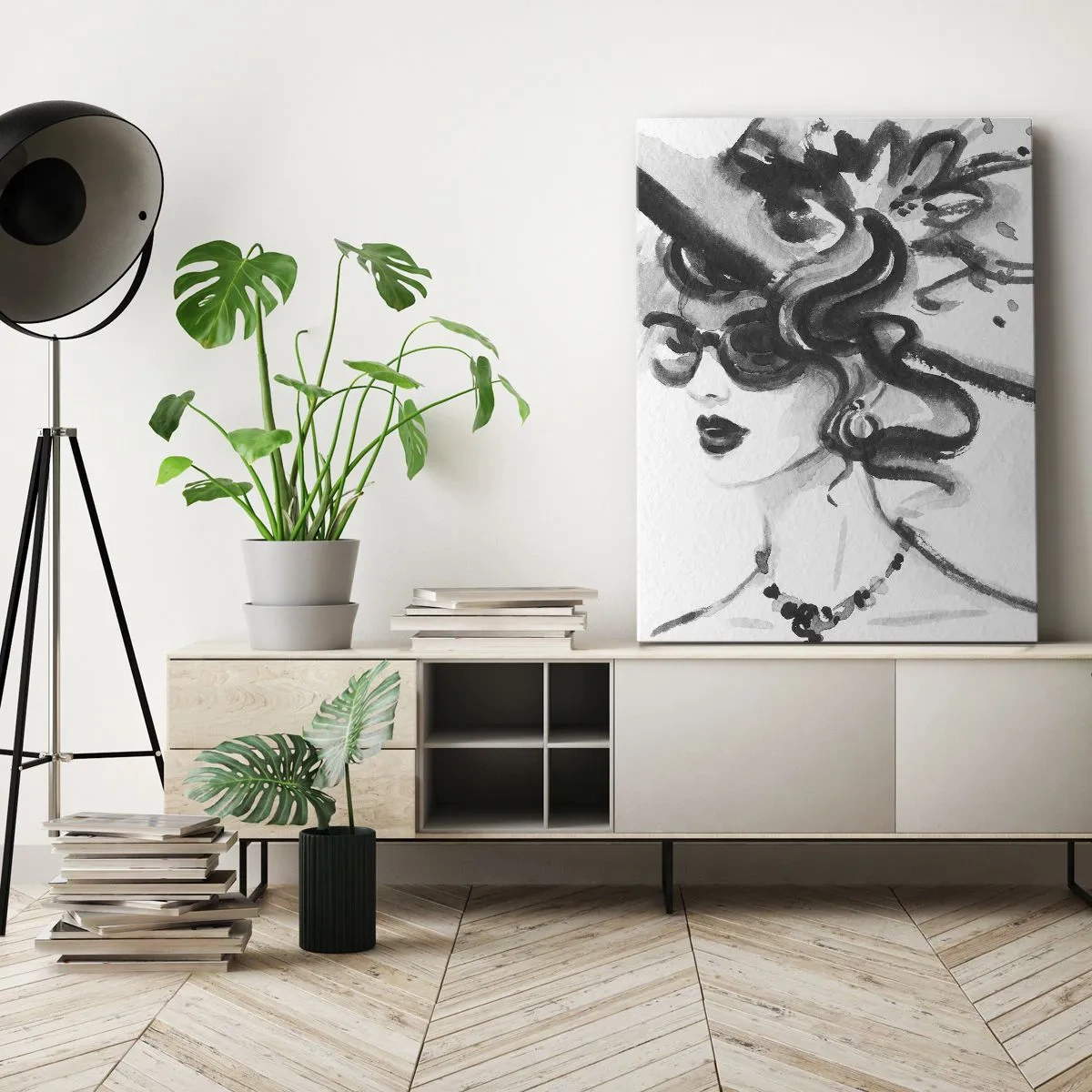 Impression sur toile - Image sur toile - Femme élégante avec un chapeau de style noir et blanc - 80x120cm - Une dame de caractère - Décoration murale moderne pour le salon et la chambre ARTTOR