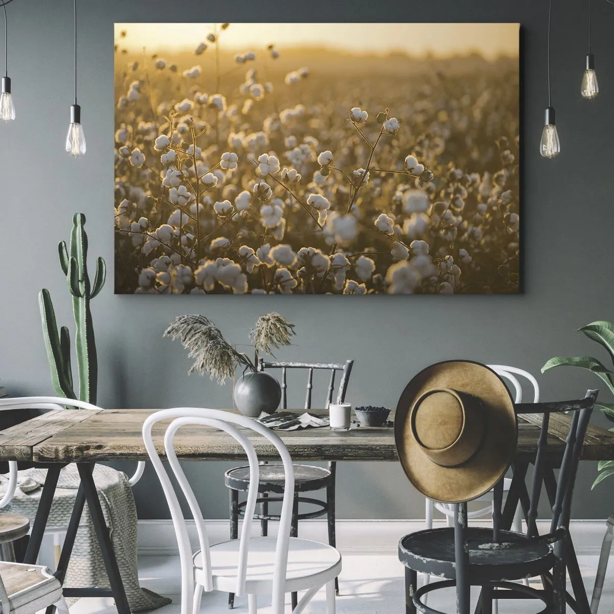 Impression sur toile - Image sur toile - Un champ de coton dans la chaude lumière du soleil couchant - 120x80cm - Champ moelleux - Décoration murale moderne pour le salon et la chambre ARTTOR