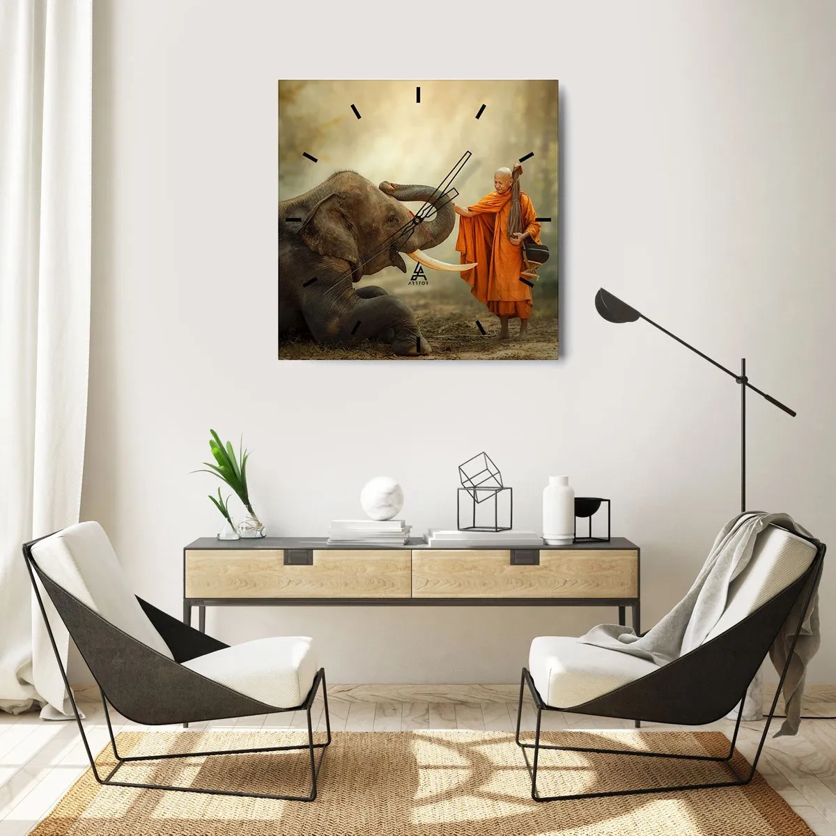 Horloge murale - Pendule murale - Un moine et un éléphant en harmonie avec la nature en toile de fond - 30x30cm - Rencontre en voyageant - Décoration murale moderne pour le salon et la chambre ARTTOR