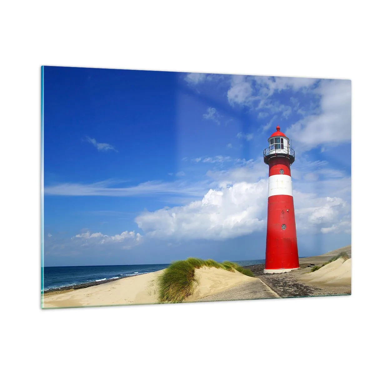 Impression sur verre - Image sur verre - Un phare rouge contre un ciel bleu - 120x80cm - Rêve de solitude - Décoration murale moderne pour le salon et la chambre ARTTOR