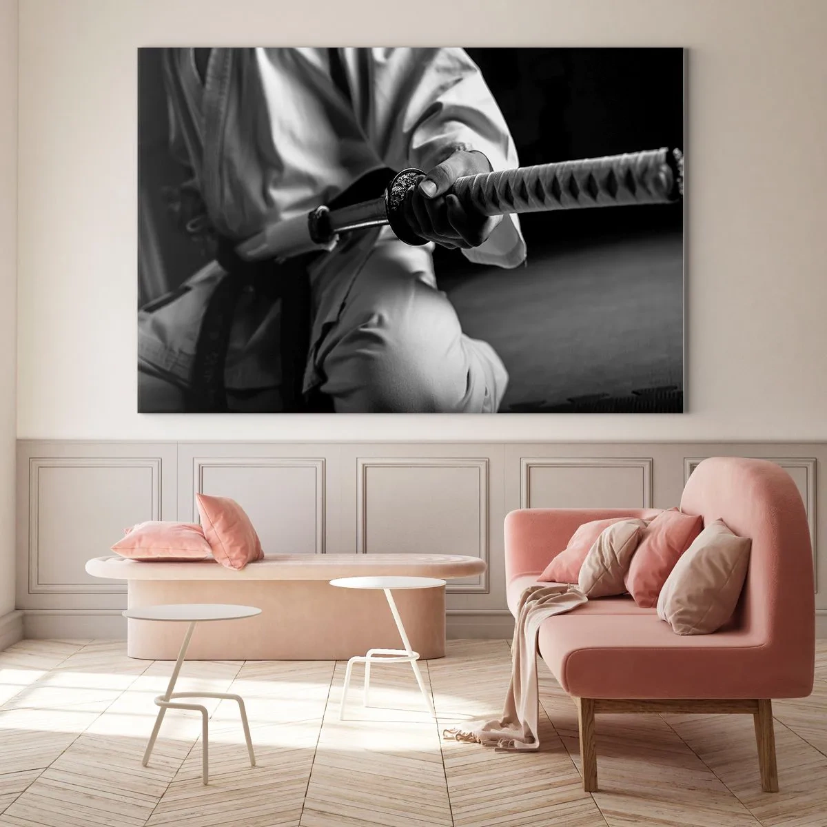 Impression sur verre - Image sur verre - Une figure en kimono tenant une épée, composition en noir et blanc - 120x80cm - Âme de guerrier - Décoration murale moderne pour le salon et la chambre ARTTOR