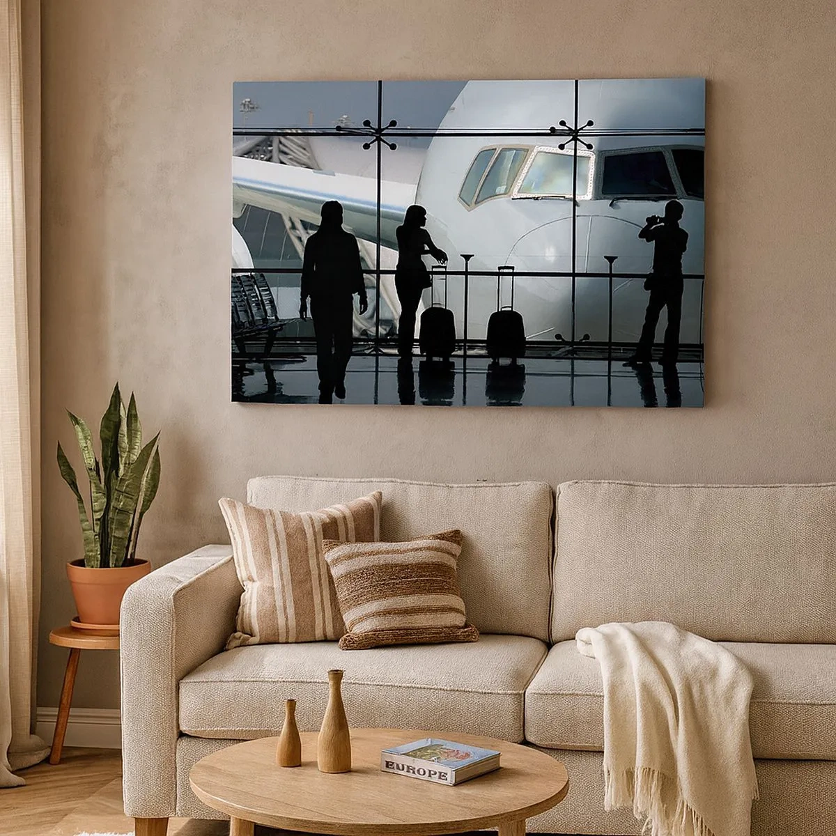 Impression sur toile - Image sur toile - Aéroport avec des silhouettes de personnes et une vue de l'avion - 70x50cm - Vis-à-vis de l'aéroport - Décoration murale moderne pour le salon et la chambre ARTTOR