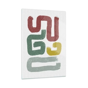 Impression sur verre - Image sur verre - Signes abstraits colorés sur fond blanc - 50x70cm - Dans une langue inconnue - Décoration murale moderne pour le salon et la chambre ARTTOR