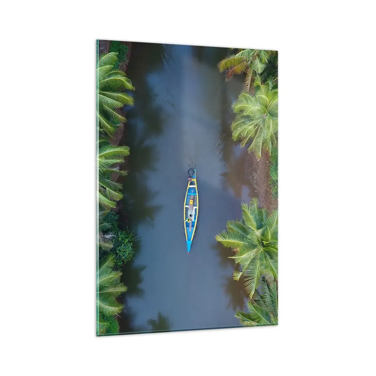 Impression sur verre - Image sur verre - Vue aérienne d'un bateau sur une rivière entourée de palmiers - 80x120cm - Sur un sentier tropical - Décoration murale moderne pour le salon et la chambre ARTTOR