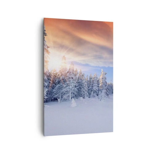 Impression sur toile - Image sur toile - Paysage d'hiver avec une forêt enneigée au coucher du soleil - 80x120cm - Un spectacle enneigé de la nature - Décoration murale moderne pour le salon et la chambre ARTTOR