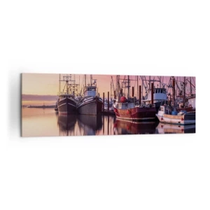 Impression sur toile - Image sur toile - Bateaux de pêche dans le port au coucher du soleil - 160x50cm - Avant le jour suivant - Décoration murale moderne pour le salon et la chambre ARTTOR